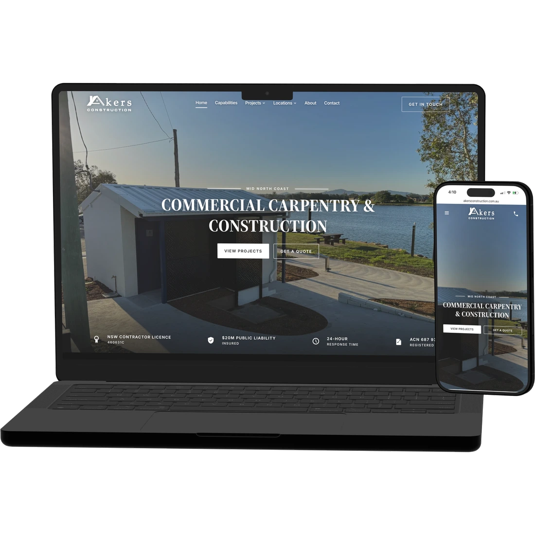 The website we built for Akers Construction, shown on a laptop and phone