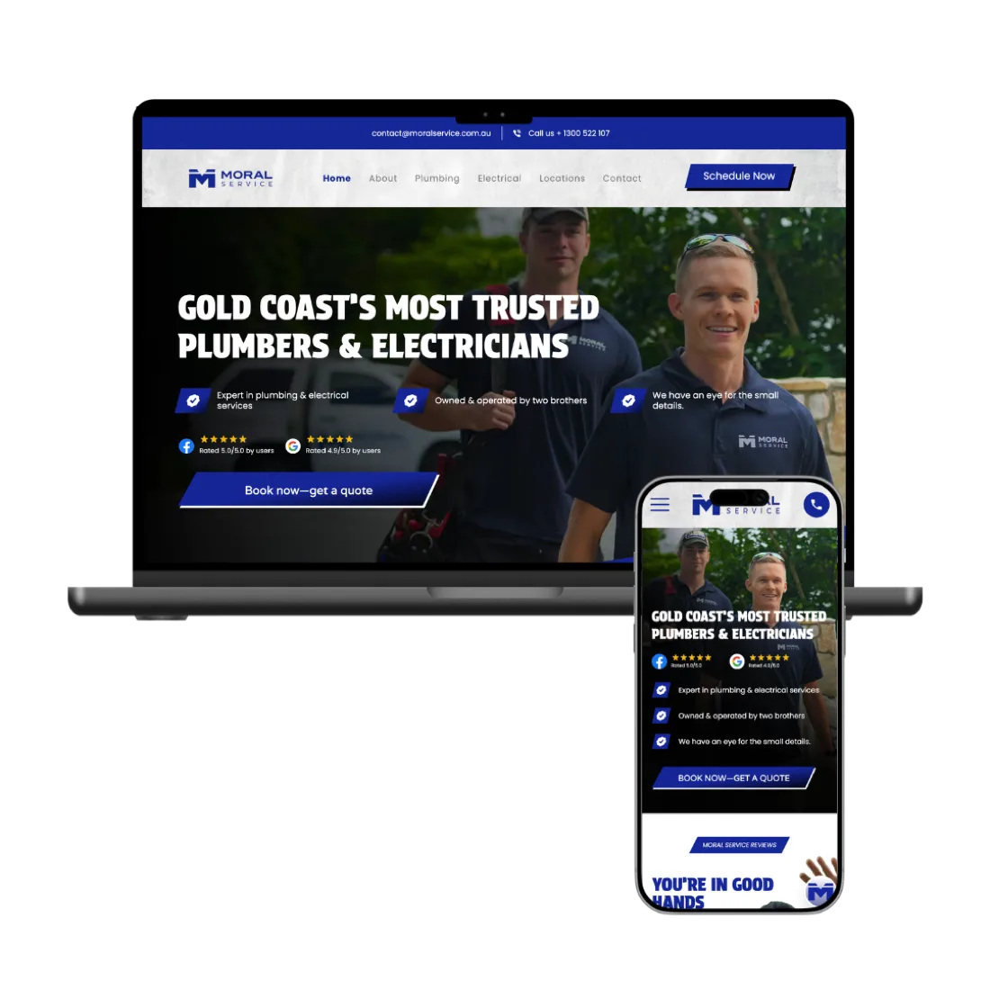 Moral Service premium website rebuilt by KINGTRADIE, shown on a laptop and phone