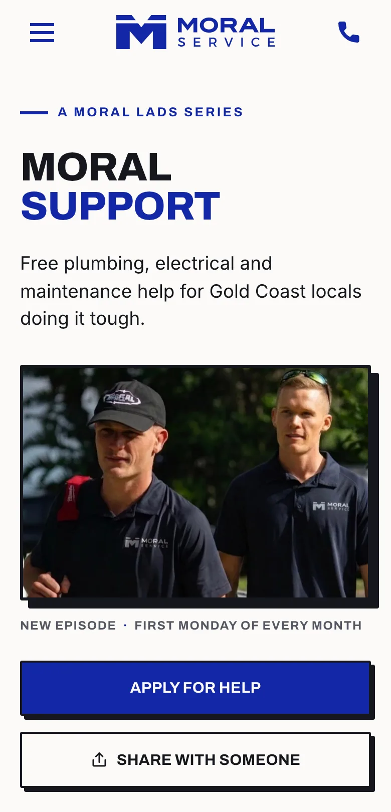 The Moral Support page we built, on a phone