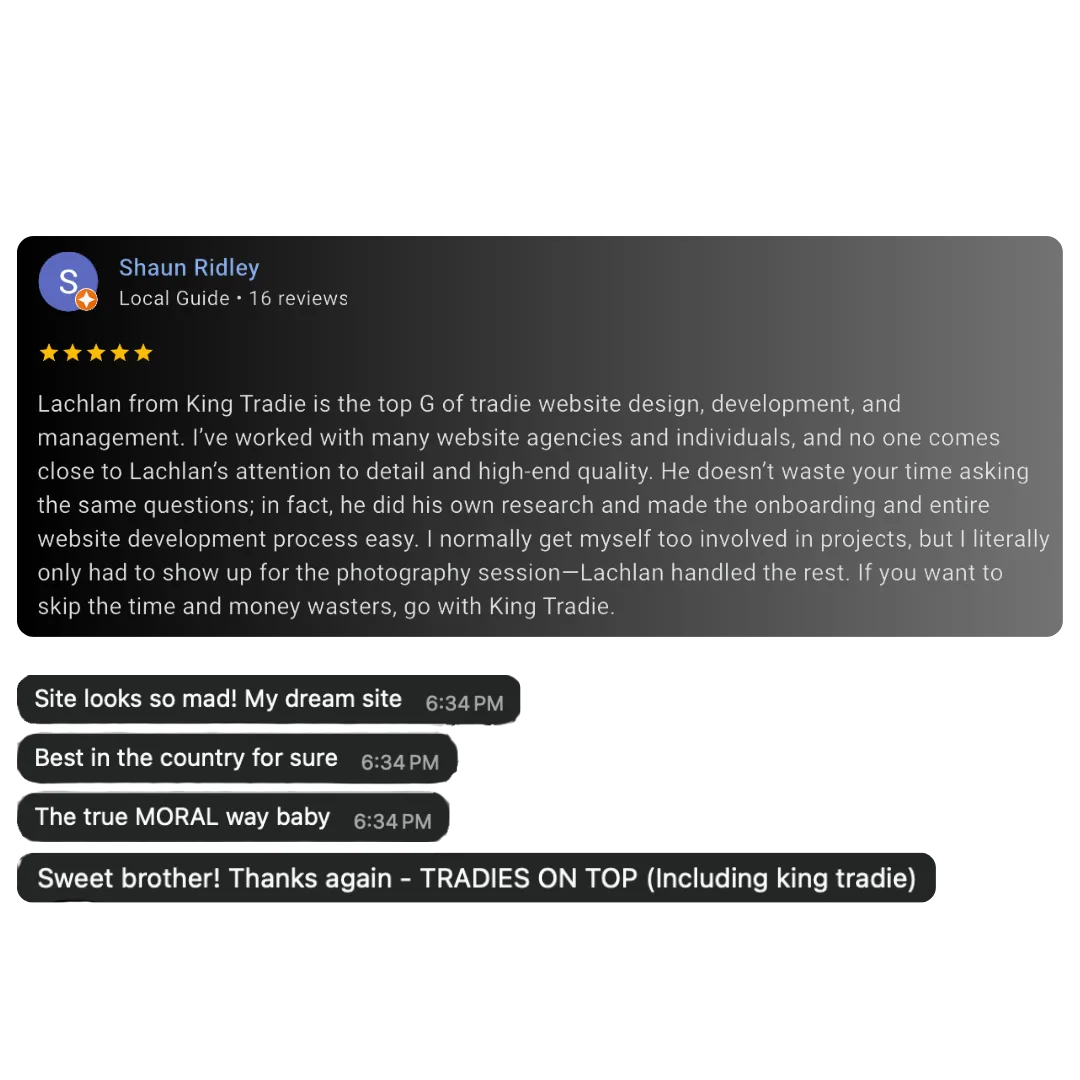 Shaun Ridley's 5-star Google review and texts for KINGTRADIE