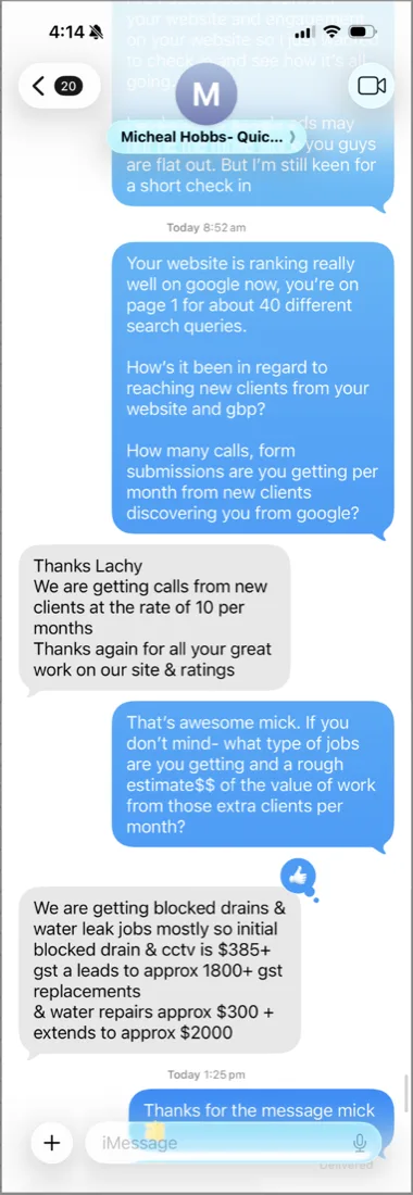 Text message from Mick about the new work coming in