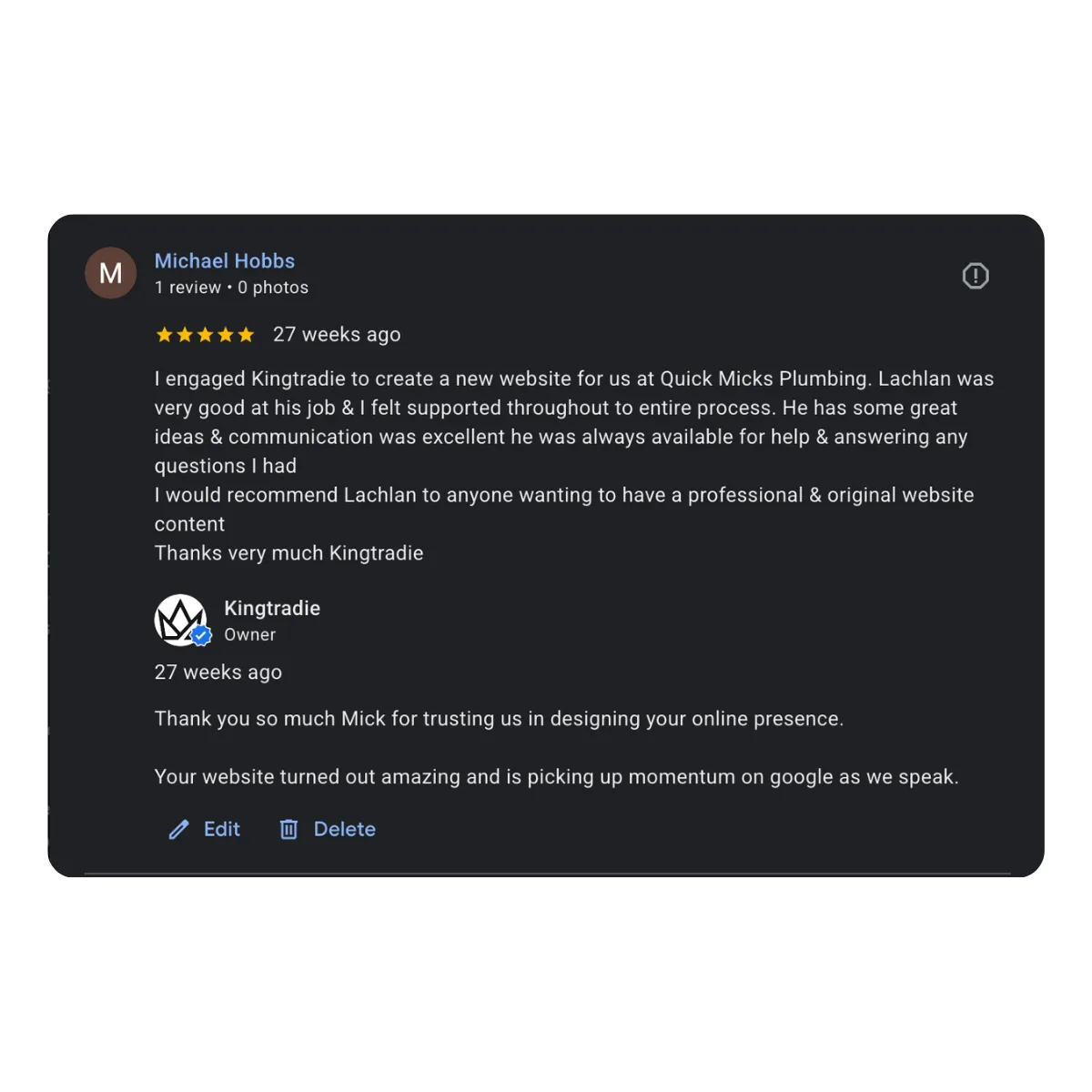 Michael Hobbs' 5-star Google review for KINGTRADIE