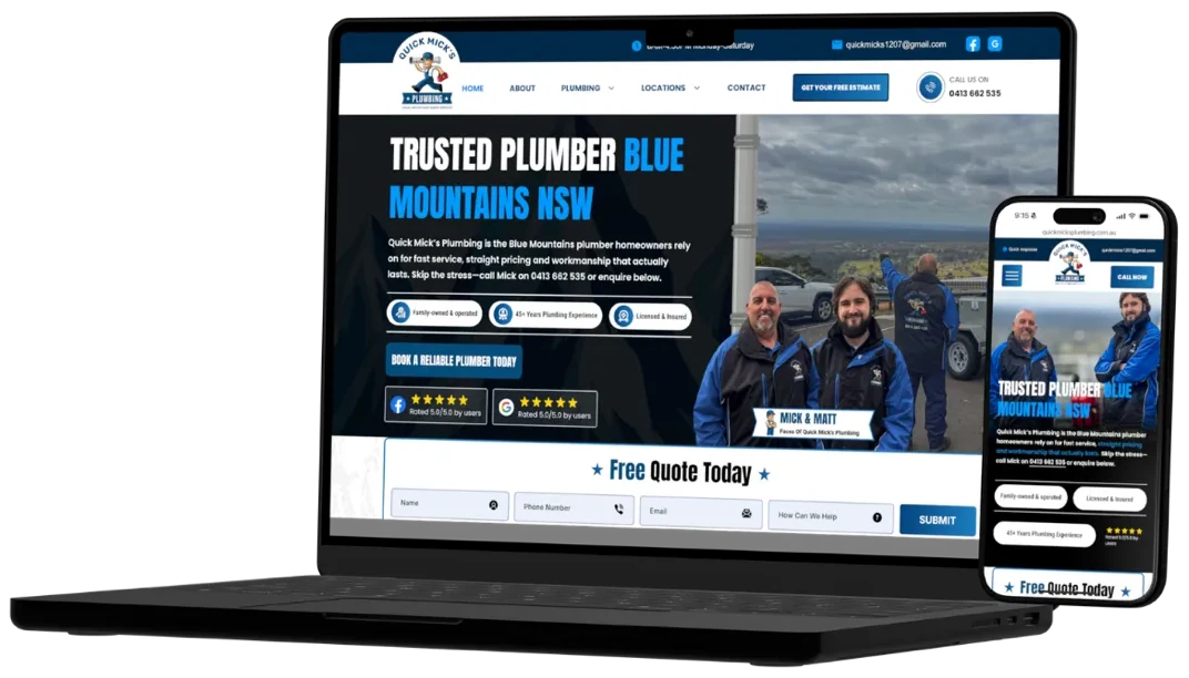 The plumber's website we built, on a laptop and a phone