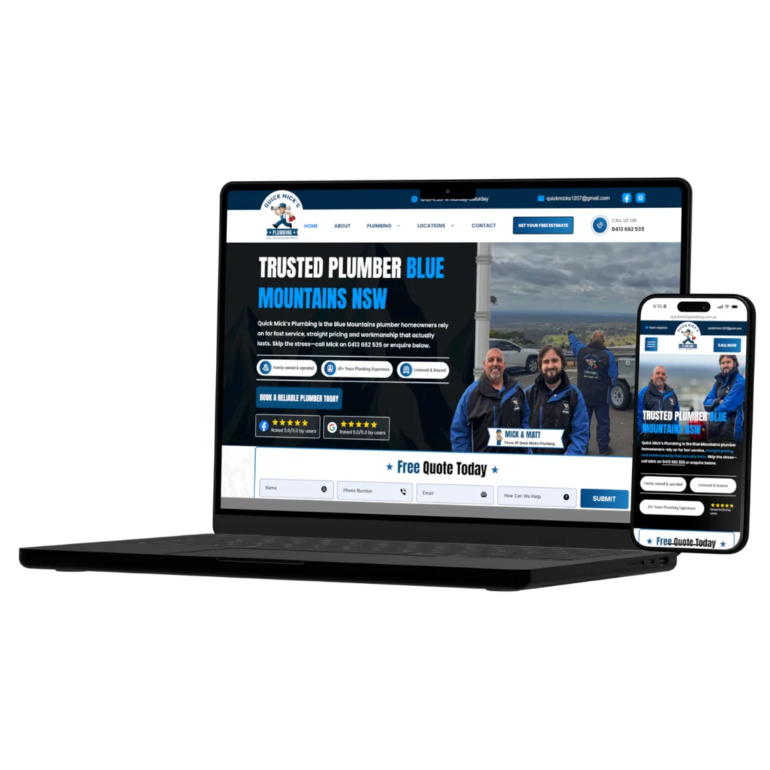 The website we built for Quick Mick's Plumbing, shown on a laptop and phone