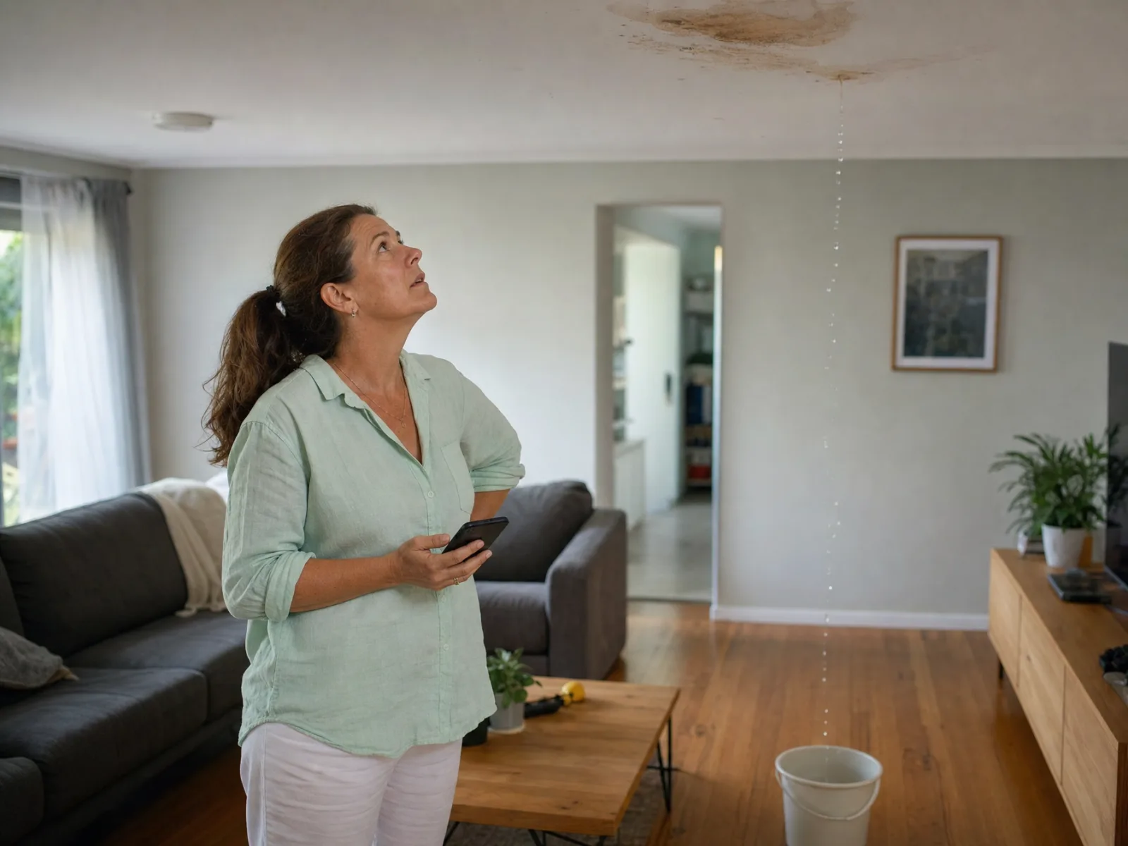 A homeowner in her living room looking up with concern at a water stain and drip in her ceiling, phone in hand, about to search for a tradesperson
