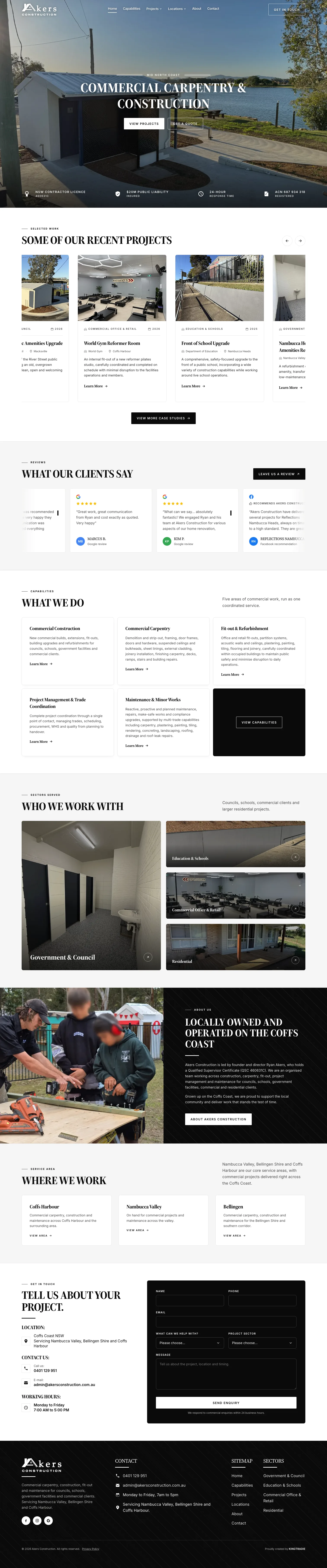 A commercial carpentry website we built, showing its services, projects and service areas