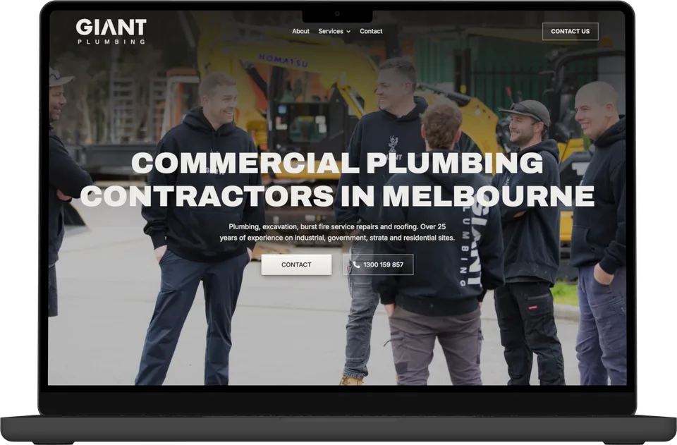 A commercial plumbing contractor's website we built, on a laptop