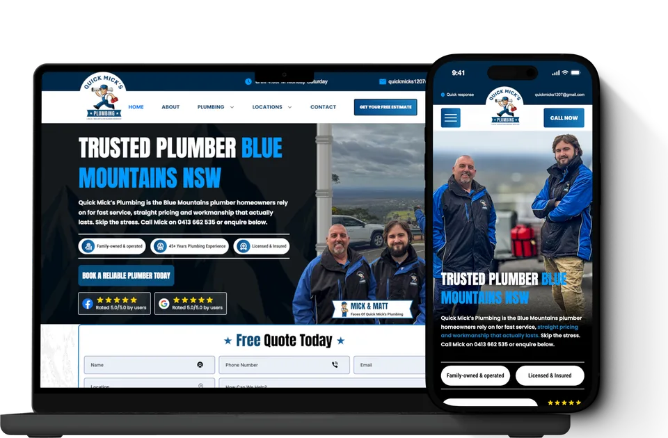 A residential plumber's website we built, on a laptop and a phone